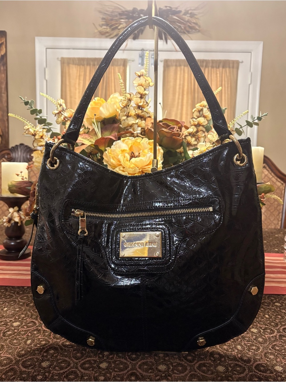 Gianni Bini Black Patent Shoulder Bag with Gold Hardware
